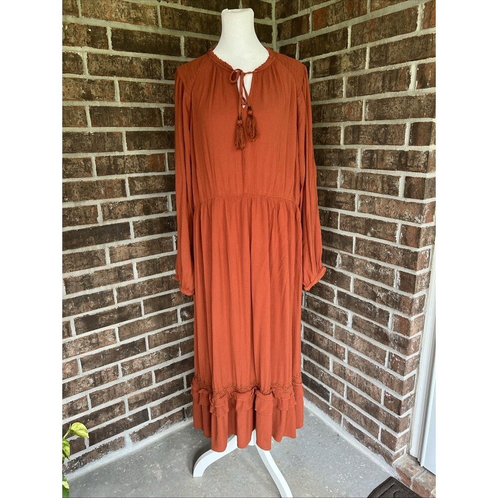 Knox Rose Dress Women XL Rust Orange Boho Festival Midi Crochet Ruffle Hippie - Picture 2 of 16